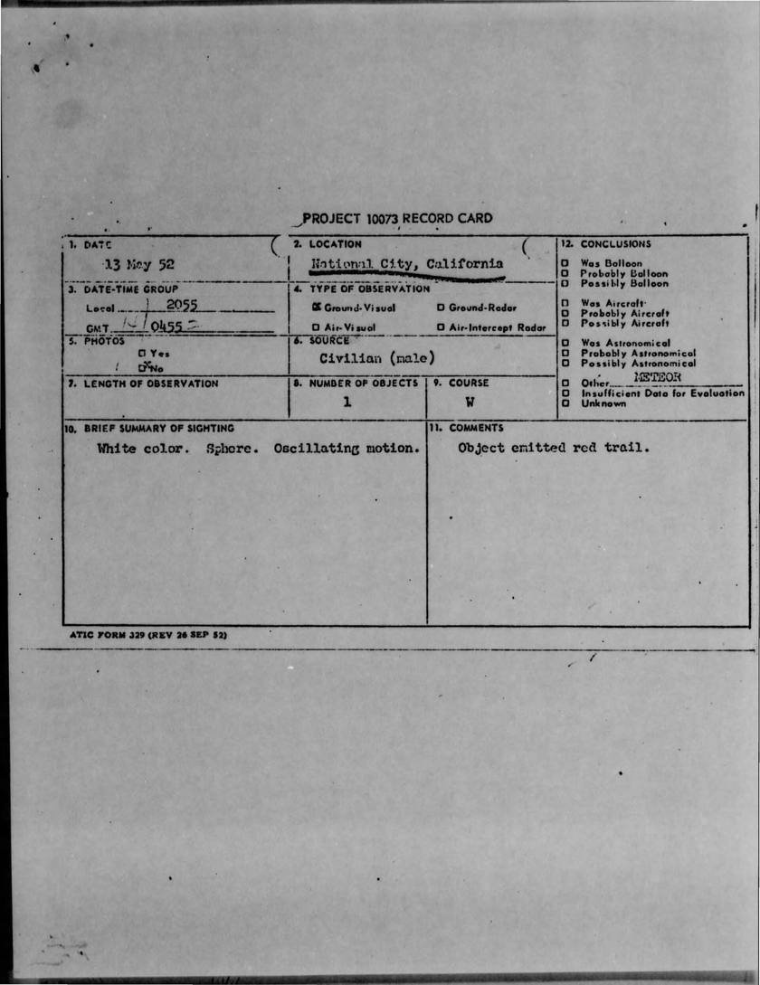 A typed US Air Force record card: date 13 May 52, location National City, California, one white sphere with an oscillating motion