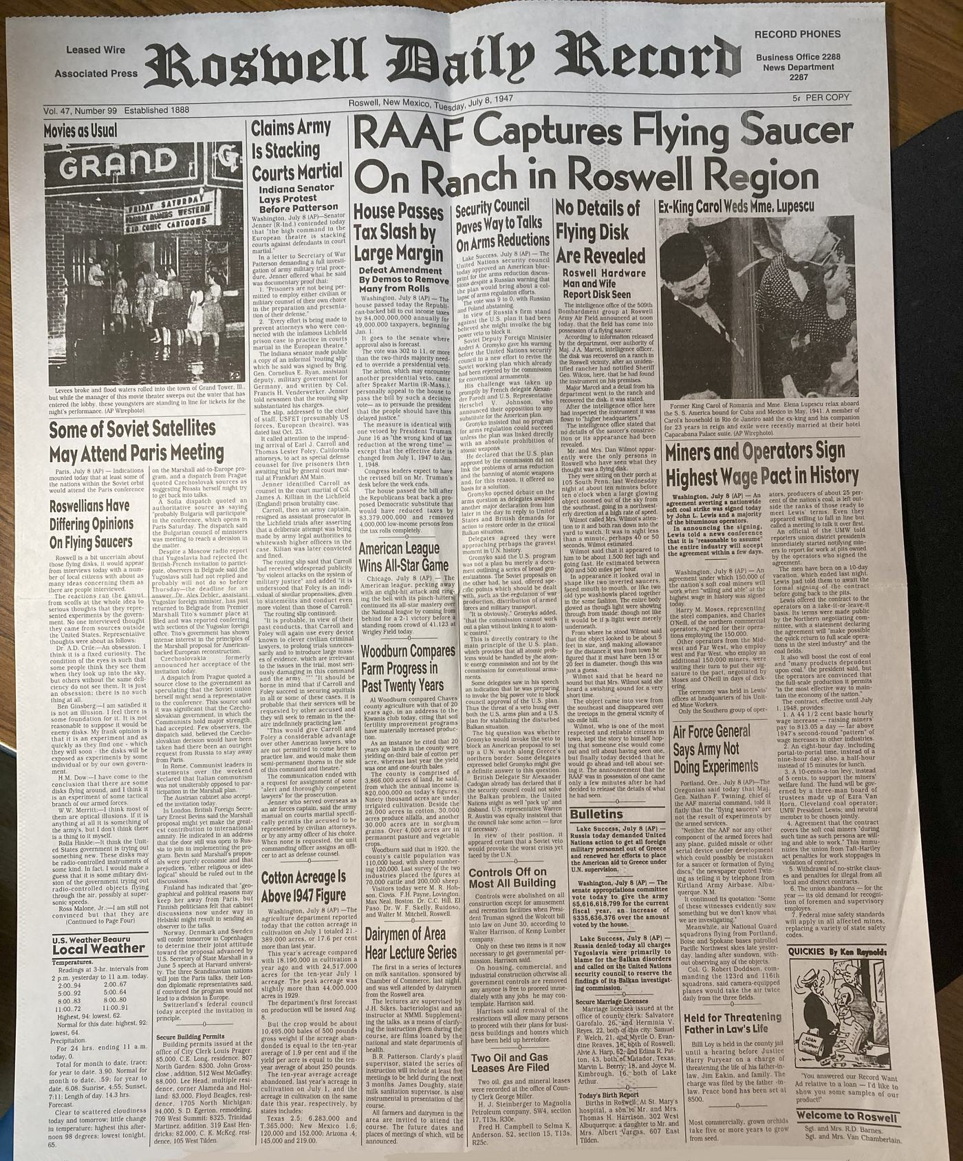 Roswell Daily Record, front page, 8 July 1947