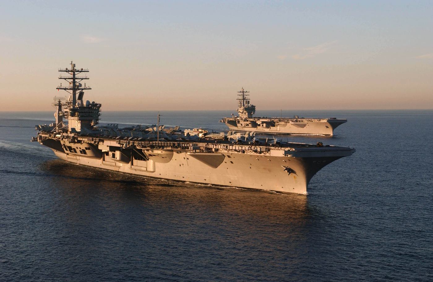 USS Nimitz and USS Ronald Reagan off southern California, 16 November 2004 (US Navy; shown in black and white)